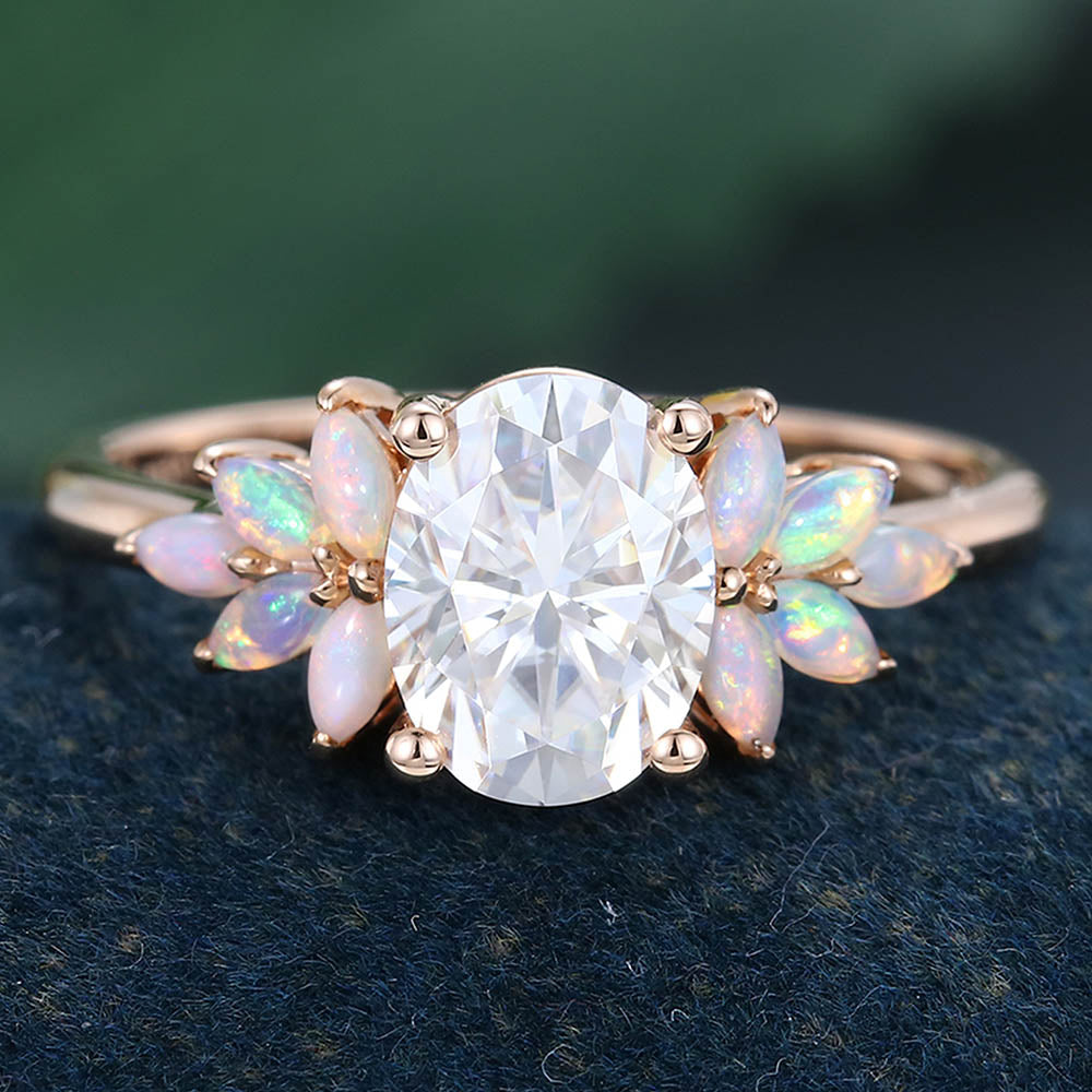 Rose Gold Oval Cut Moissanite with Opal Delicate Cluster Engagement Ring