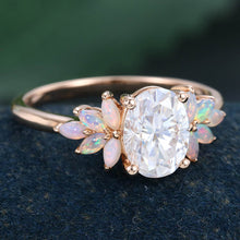 Rose Gold Oval Cut Moissanite with Opal Delicate Cluster Engagement Ring