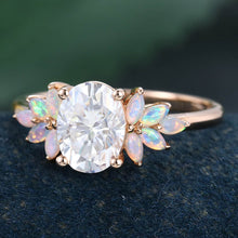 Rose Gold Oval Cut Moissanite with Opal Delicate Cluster Engagement Ring