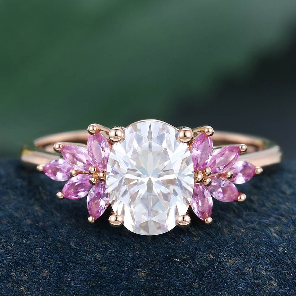 Rose Gold Oval Cut Moissanite with Pink Sapphire Delicate Cluster Engagement Ring