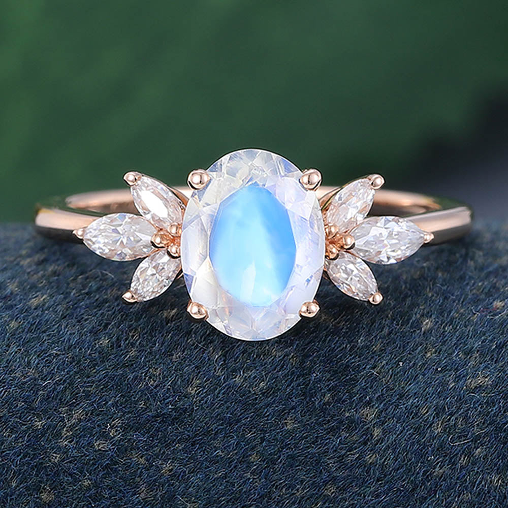 Rose Gold Oval Cut Moonstone Cluster Engagement Ring