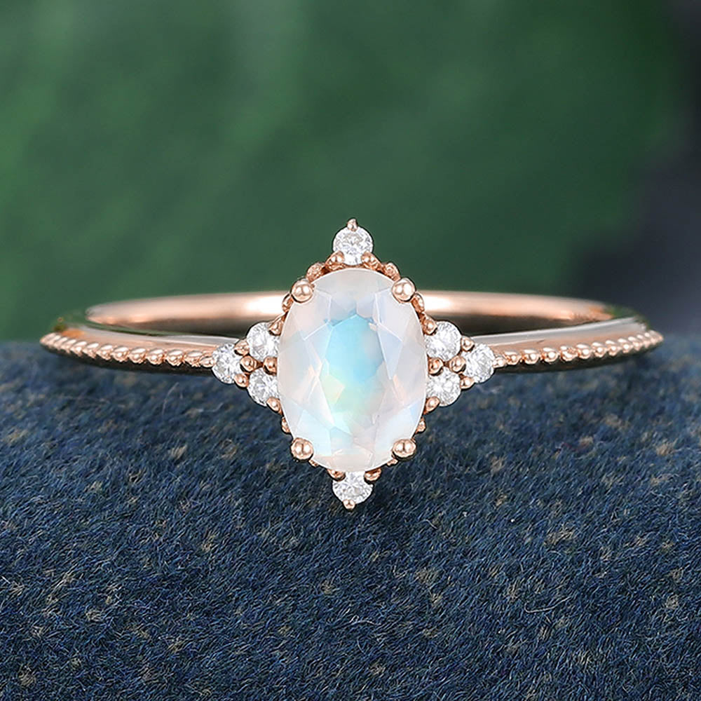 Rose Gold Oval Cut Moonstone Unique Vintage Anniversary Engagement Ring