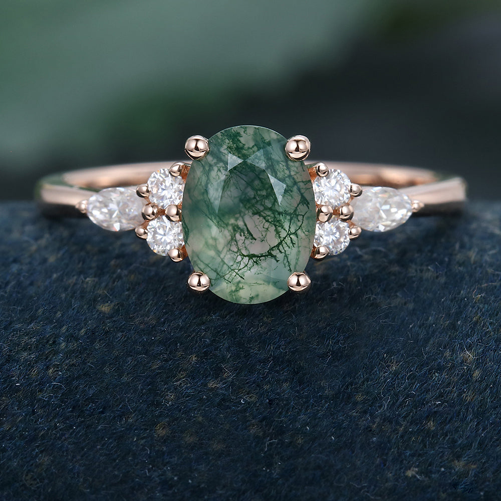 Rose Gold Oval Cut Moss Agate Cluster Promise Engagement Ring