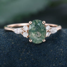 Rose Gold Oval Cut Moss Agate Cluster Promise Engagement Ring