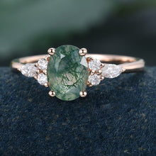 Rose Gold Oval Cut Moss Agate Cluster Promise Engagement Ring