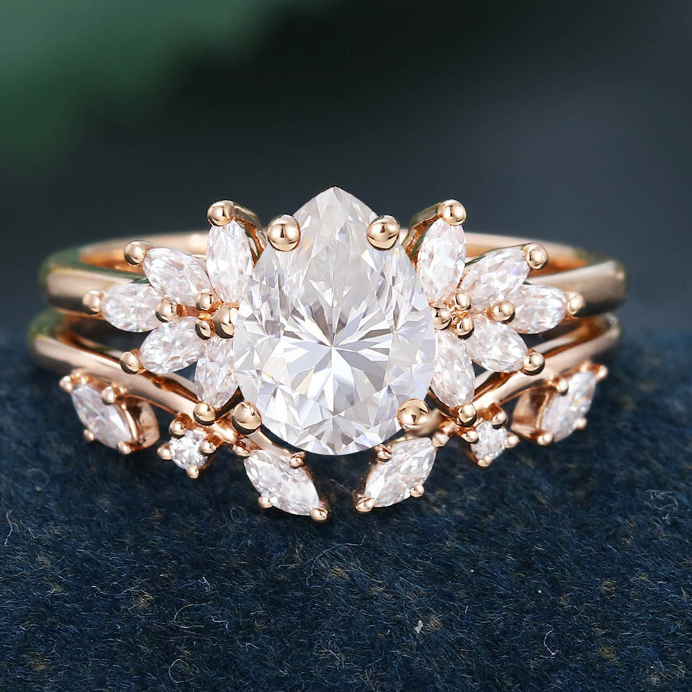 Rose Gold Pear Shape Moissanite Unique Bridal Engagement Ring Set