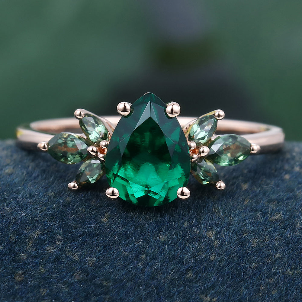 Rose Gold Pear Shaped Lab Emerald Natural Inspired Cluster Engagement Ring