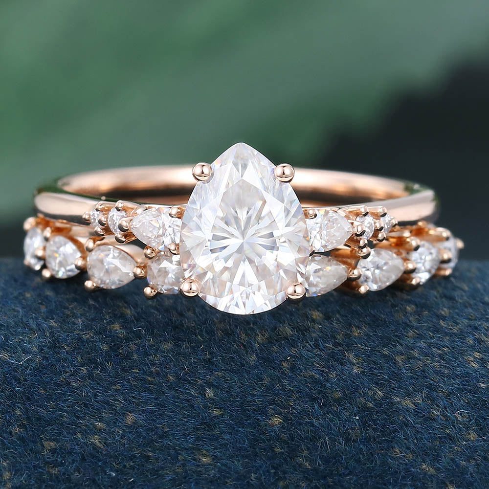Rose Gold Pear Shaped Moissanite Stackable Engagement Ring Set