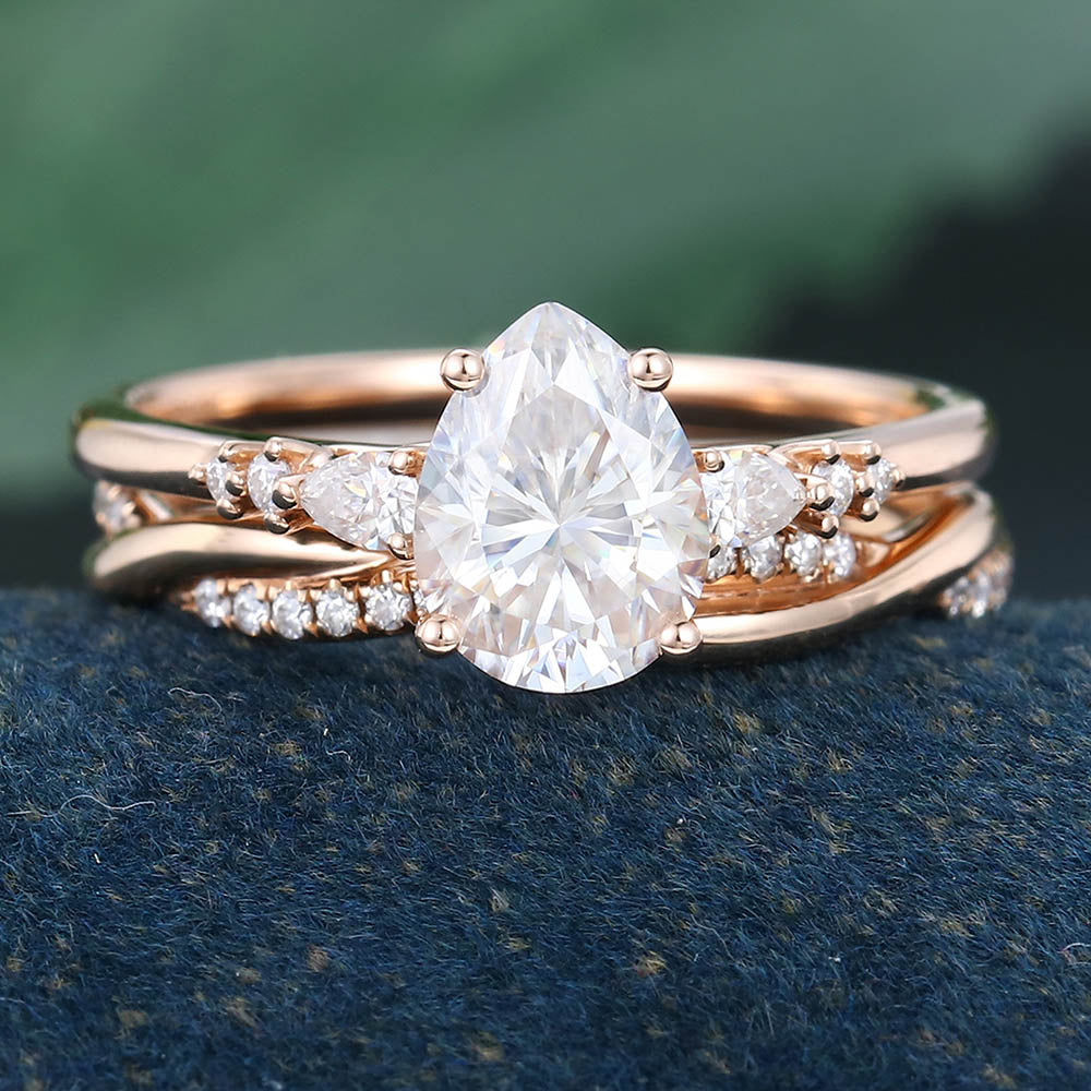 Rose Gold Pear Shaped Moissanite Unique Engagement Ring Set