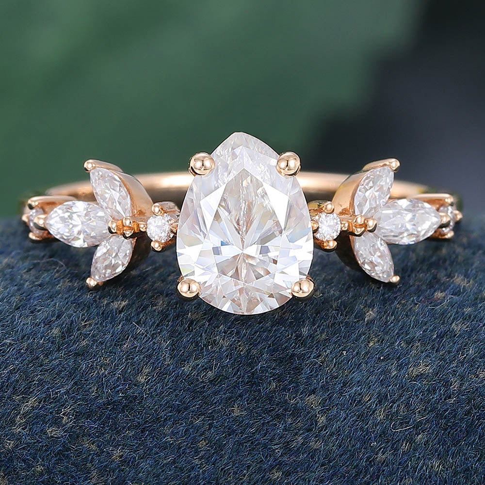 Rose Gold Pear Shaped Moissanite Unique Engagement Ring