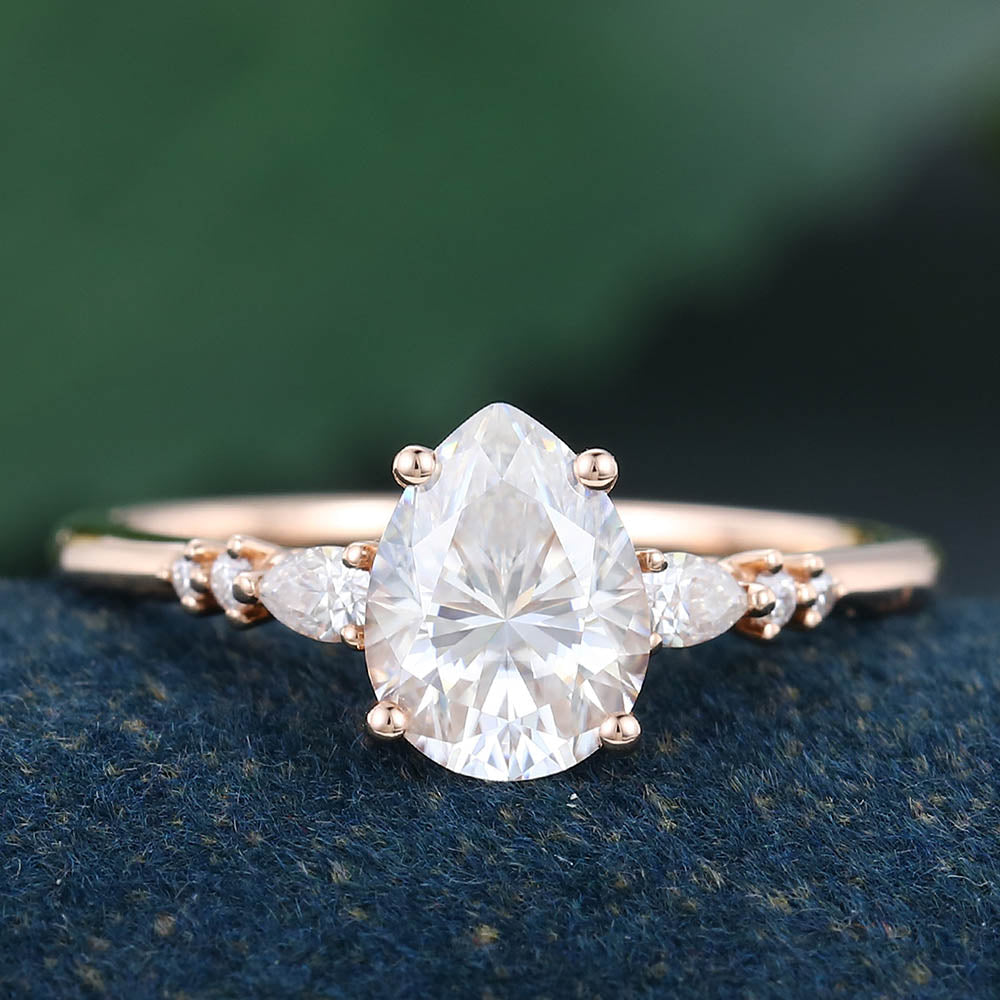 Rose Gold Pear Shaped Moissanite Cluster Delicate Engagement Ring