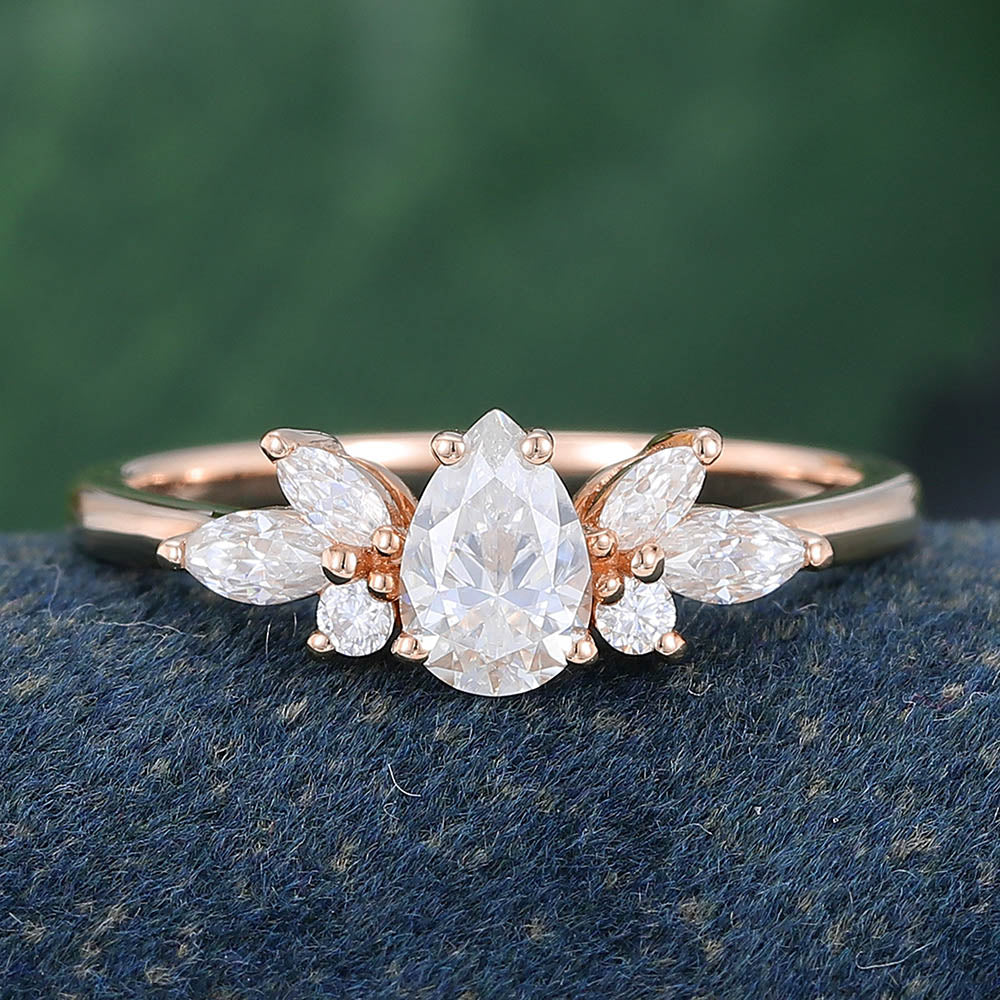 Rose Gold Pear Shaped Moissanite Cluster Vintage Engagement Ring