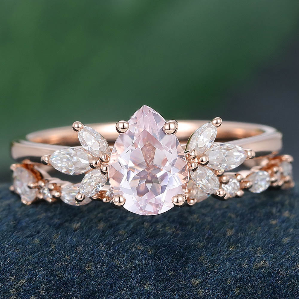 Rose Gold Pear Shaped Morganite Delicate Bridal Ring Set