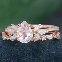 Rose Gold Pear Shaped Morganite Delicate Bridal Ring Set