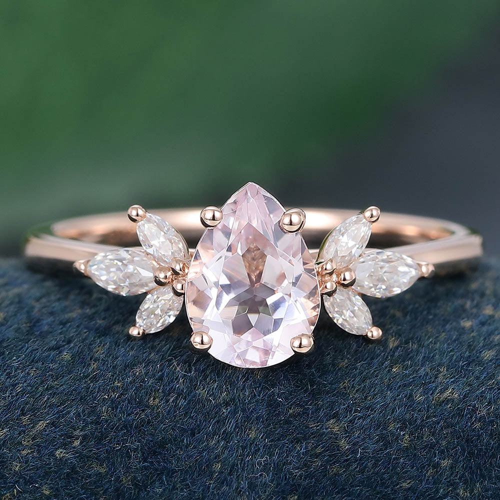 Rose Gold Pear Shaped Morganite Floral Cluster Promise Engagement Ring