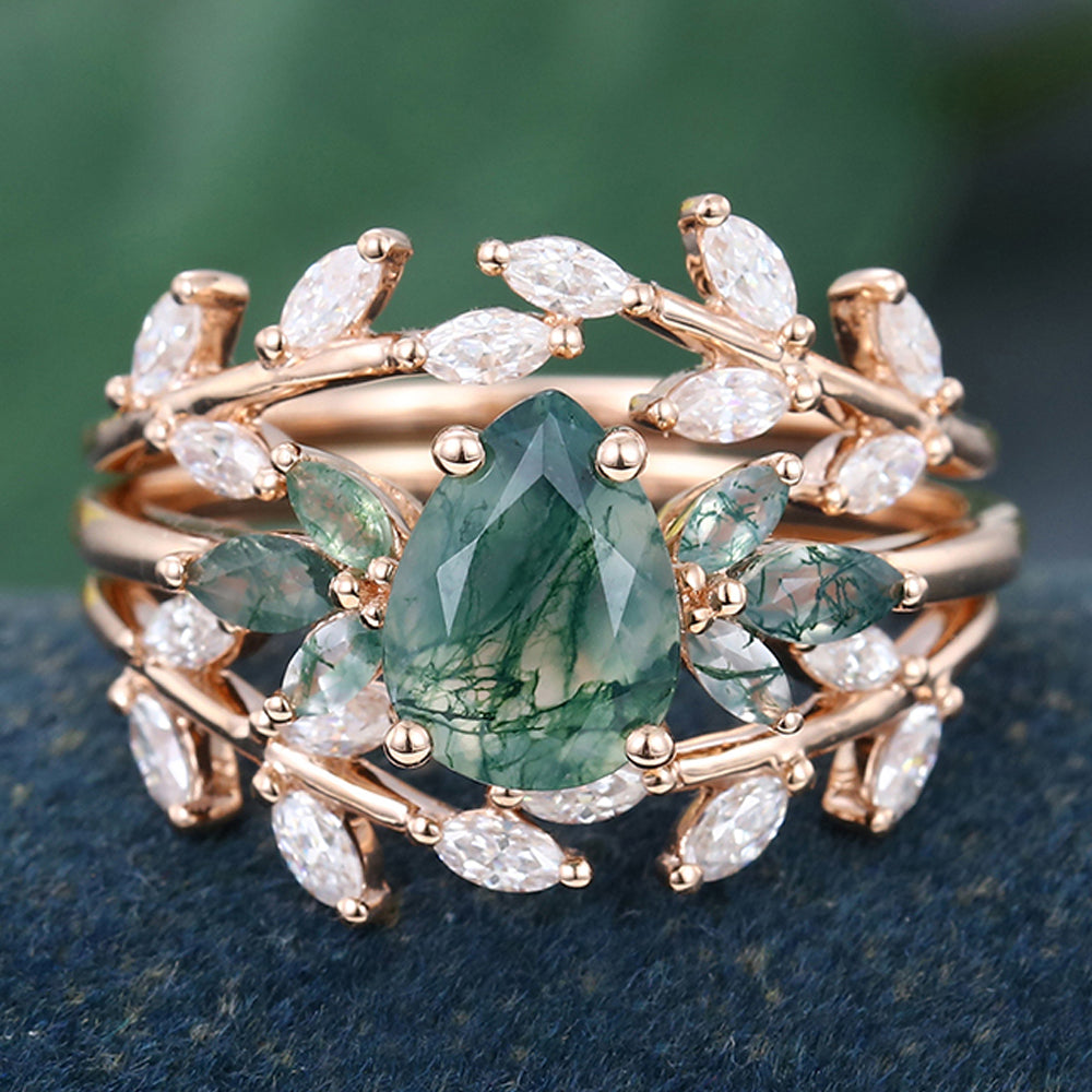 Rose Gold Pear Shaped Moss Agate Leaf Shaped Bridal Ring Set