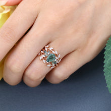 Rose Gold Pear Shaped Moss Agate Leaf Shaped Bridal Ring Set