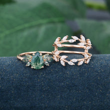Rose Gold Pear Shaped Moss Agate Leaf Shaped Bridal Ring Set