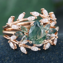 Rose Gold Pear Shaped Moss Agate Leaf Shaped Bridal Ring Set