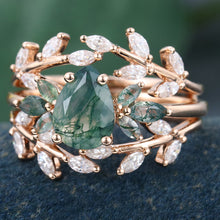 Rose Gold Pear Shaped Moss Agate Leaf Shaped Bridal Ring Set