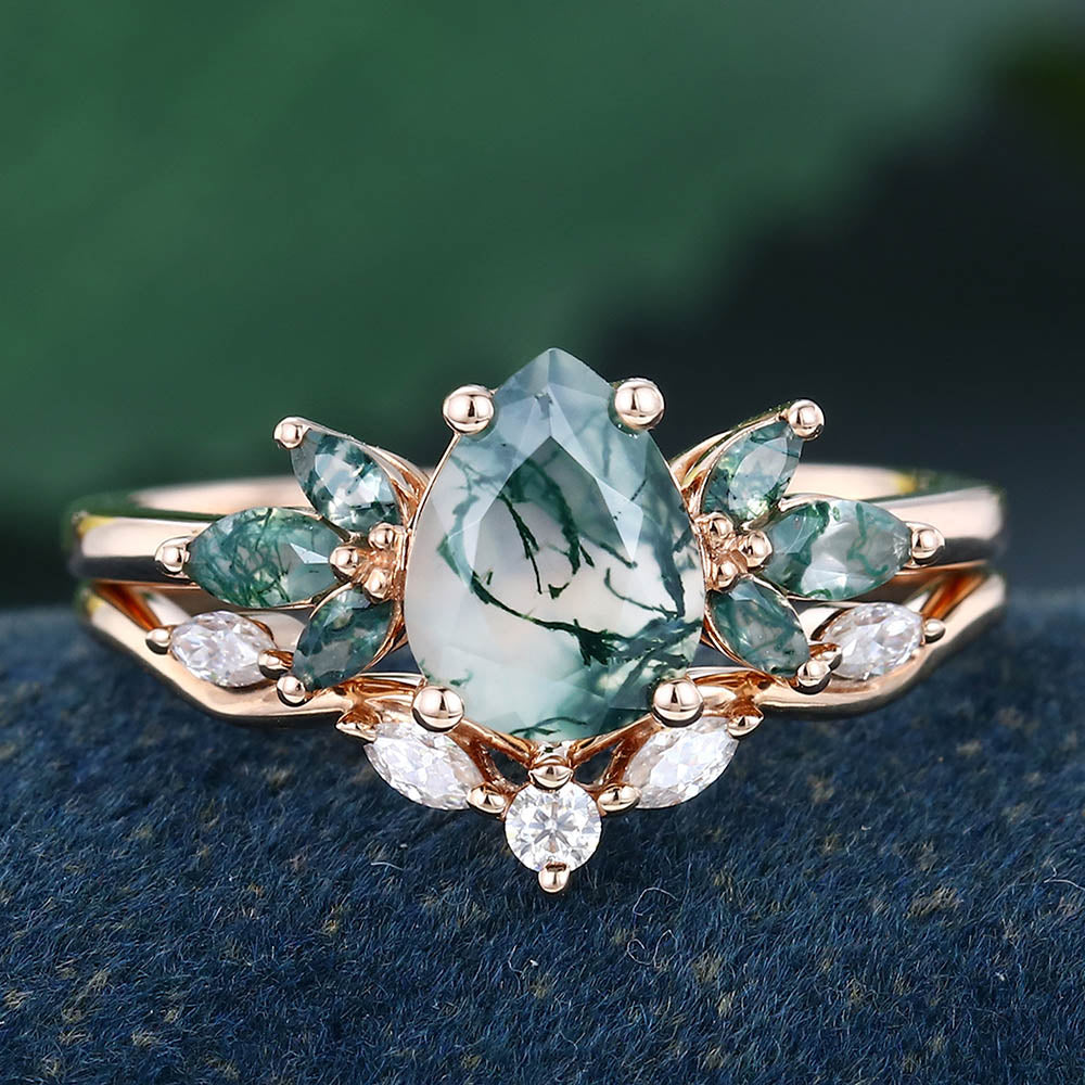 Rose Gold Pear Shaped Moss Agate Natural Inspired Bridal Ring Set