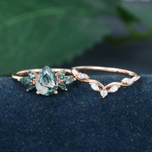 Rose Gold Pear Shaped Moss Agate Natural Inspired Bridal Ring Set