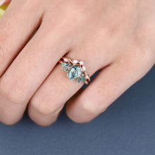 Rose Gold Pear Shaped Moss Agate Natural Inspired Bridal Ring Set