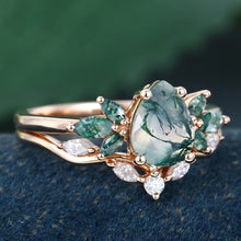 Rose Gold Pear Shaped Moss Agate Natural Inspired Bridal Ring Set