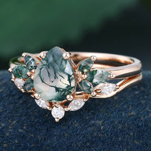Rose Gold Pear Shaped Moss Agate Natural Inspired Bridal Ring Set