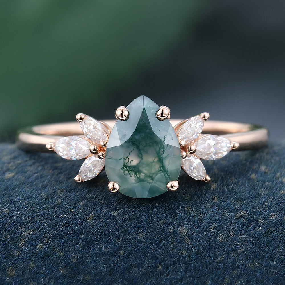 Rose Gold Pear Shaped Moss Agate Cluster Delicate Promise Engagement Ring