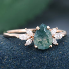 Rose Gold Pear Shaped Moss Agate Cluster Delicate Promise Engagement Ring