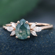 Rose Gold Pear Shaped Moss Agate Cluster Delicate Promise Engagement Ring
