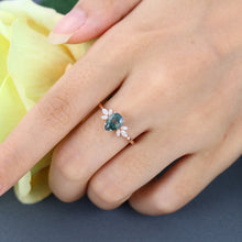 Rose Gold Pear Shaped Moss Agate Cluster Delicate Promise Engagement Ring