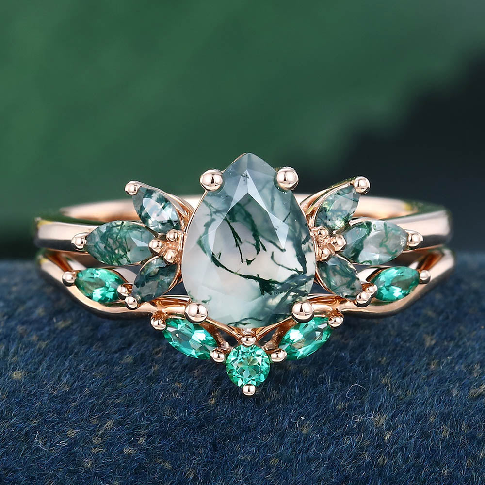 Rose Gold Pear Shaped Moss Agate Unique Bridal Ring Set