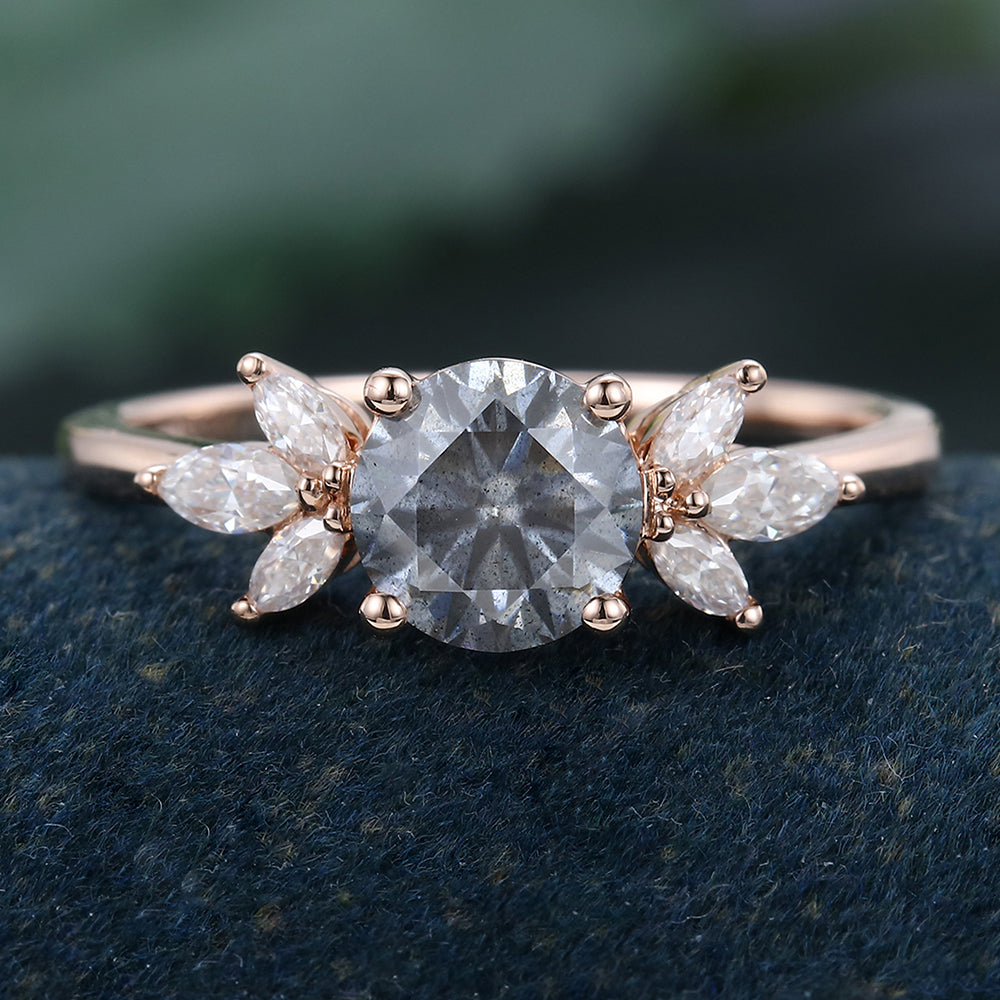 Rose Gold Round Cut Grey Moissanite Cluster Promise Engagement Ring