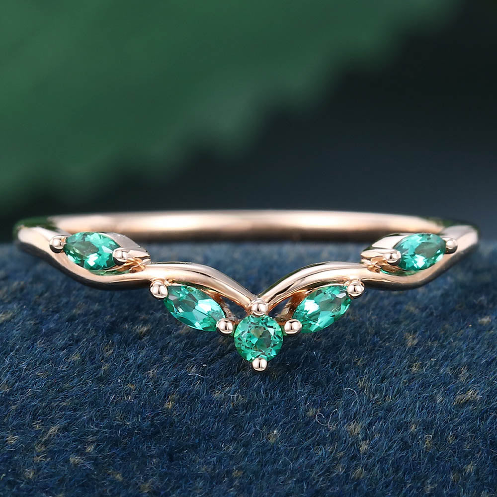 Rose Gold Round Cut Lab Emerald Delicate Curved Wedding Band
