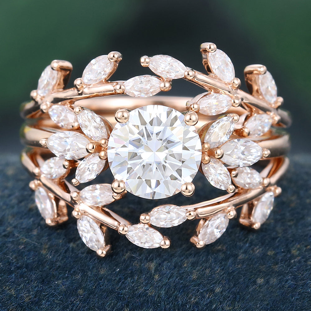 Rose Gold Round Cut Moissanite Leaf Shaped Bridal Ring Set