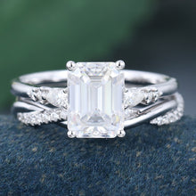 Rose Gold Emerald Cut Moissanite Promise Bridal Ring Set