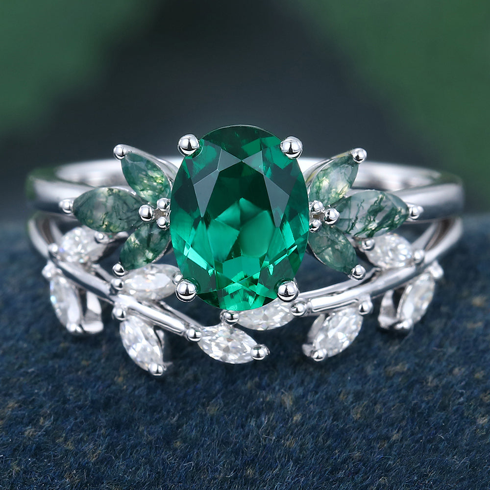 White Gold Oval Cut Lab Emerald Natural Inspired Bridal Ring Set