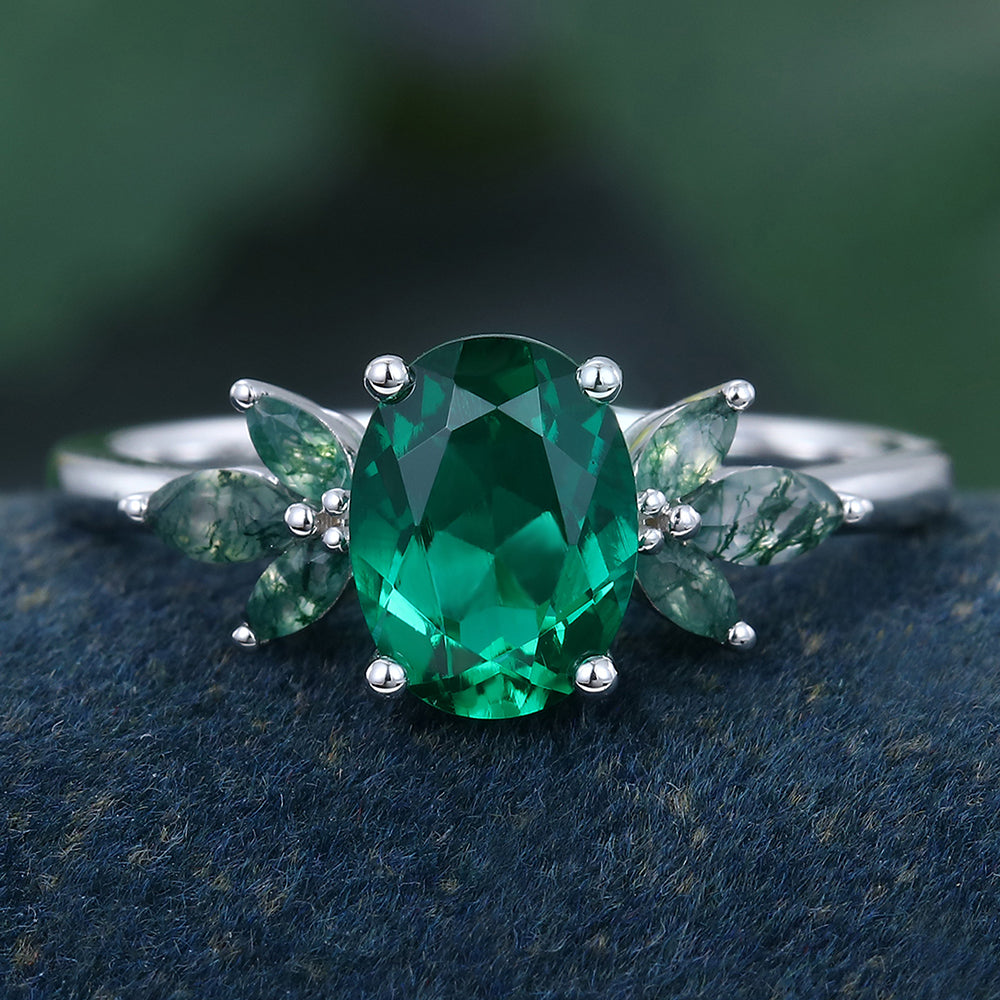 White Gold Oval Cut Lab Emerald Cluster Natural Inspired Engagement Ring