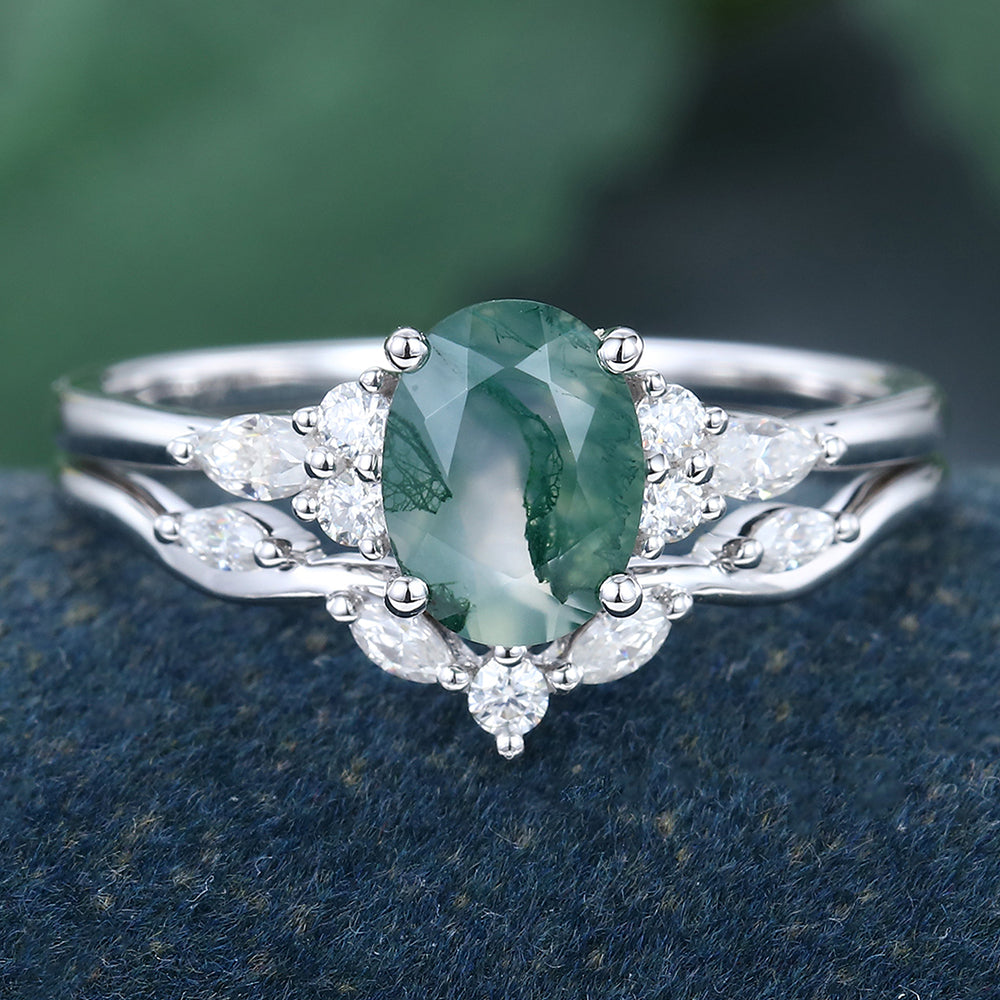 White Gold Oval Cut Moss Agate Cluster Bridal Ring Set