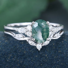 White Gold Oval Cut Moss Agate Cluster Bridal Ring Set