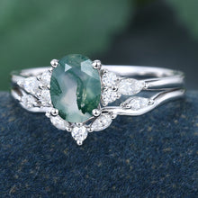 White Gold Oval Cut Moss Agate Cluster Bridal Ring Set