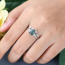 White Gold Oval Cut Moss Agate Cluster Bridal Ring Set