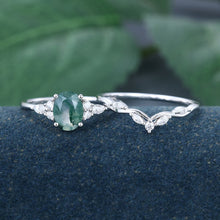 White Gold Oval Cut Moss Agate Cluster Bridal Ring Set