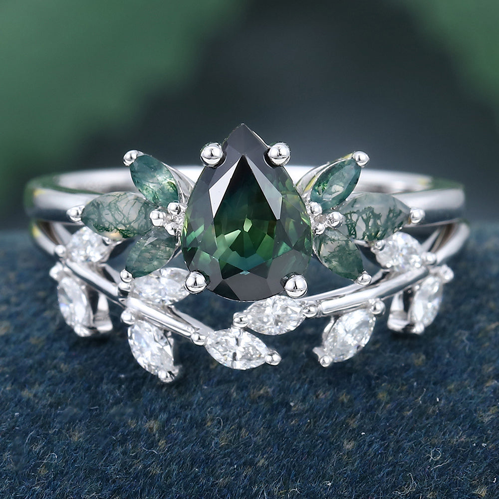 White Gold Pear Shape Green Blue Sapphire Leaf Shape Bridal Ring Set