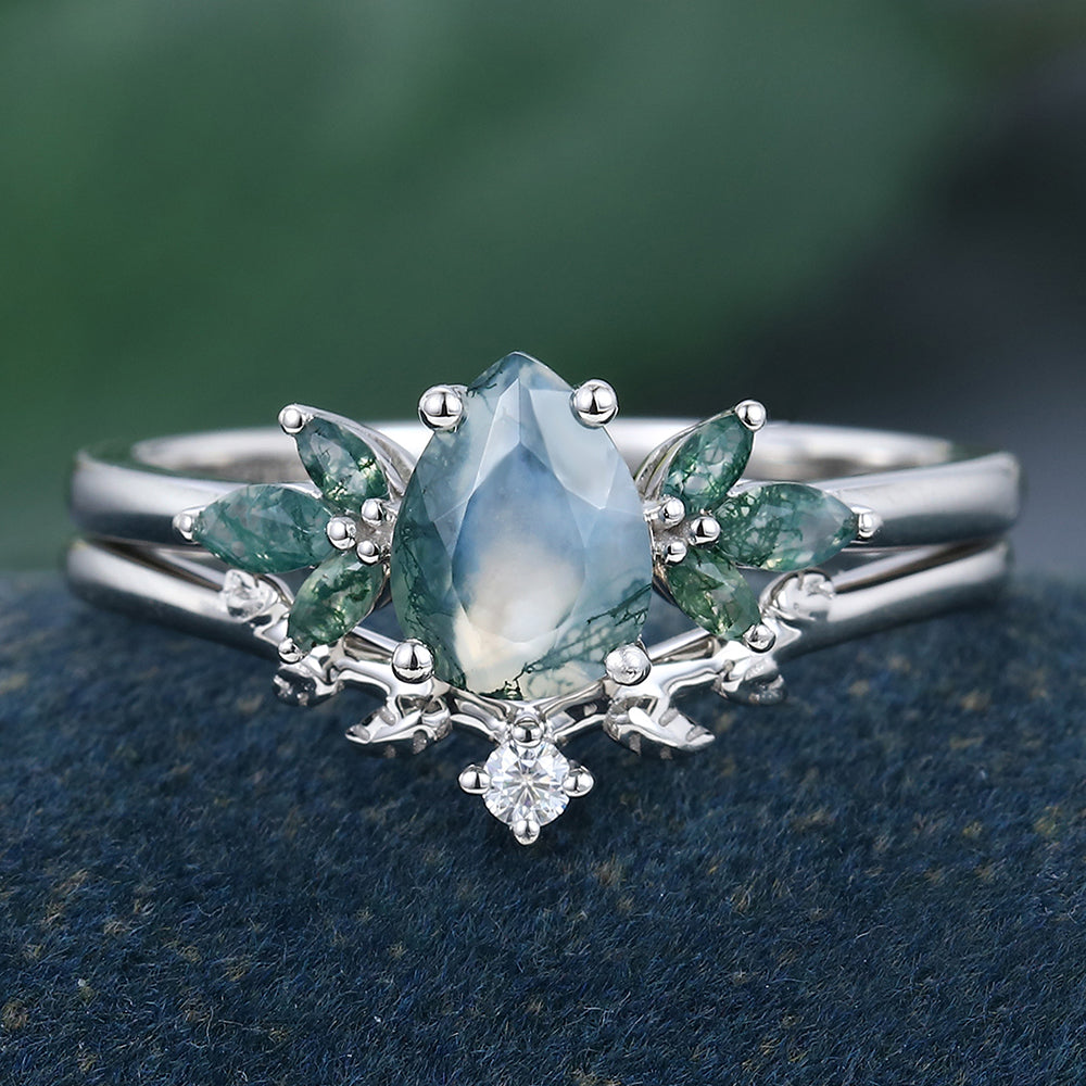 White Gold Pear Shape Moss Agate Delicate Bridal Ring Set
