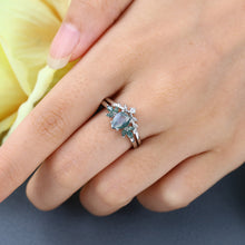 White Gold Pear Shape Moss Agate Delicate Bridal Ring Set
