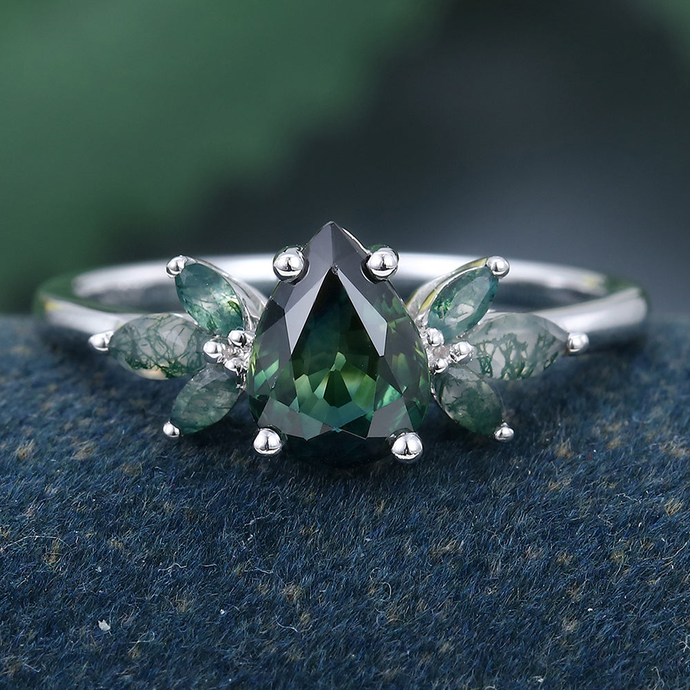 White Gold Pear Shaped Green Blue Sapphire Cluster Engagement Ring