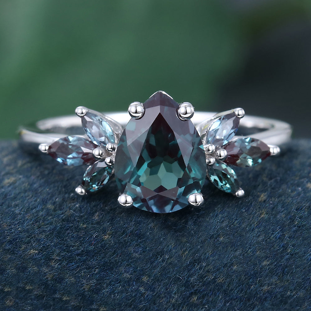 White Gold Pear Shaped Lab Alexandrite Cluster Promise Engagement Ring